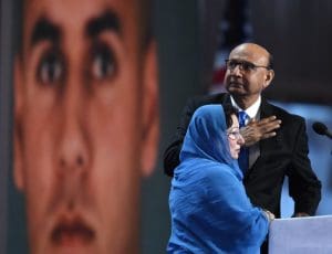 Khizr Khan and his wife at the Democratic convention this week. (Getty Images)