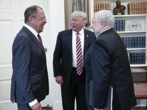 Mr. Trump with Russian officials in the Oval Office. No US media allowed. (Photo: Russian foreign ministry photo via AP)