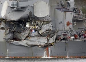 The damage to the USS Fitzgerald, where 7 sailors died. (AP photo)